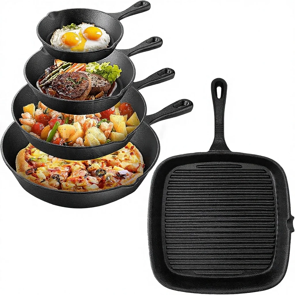 Custom GALASALA Cast Iron Skillets 5-Piece Non-Stick Fry Pan Set With Non-Slip Silicone Cover Multi-Fuel Home & Camping Kitchen