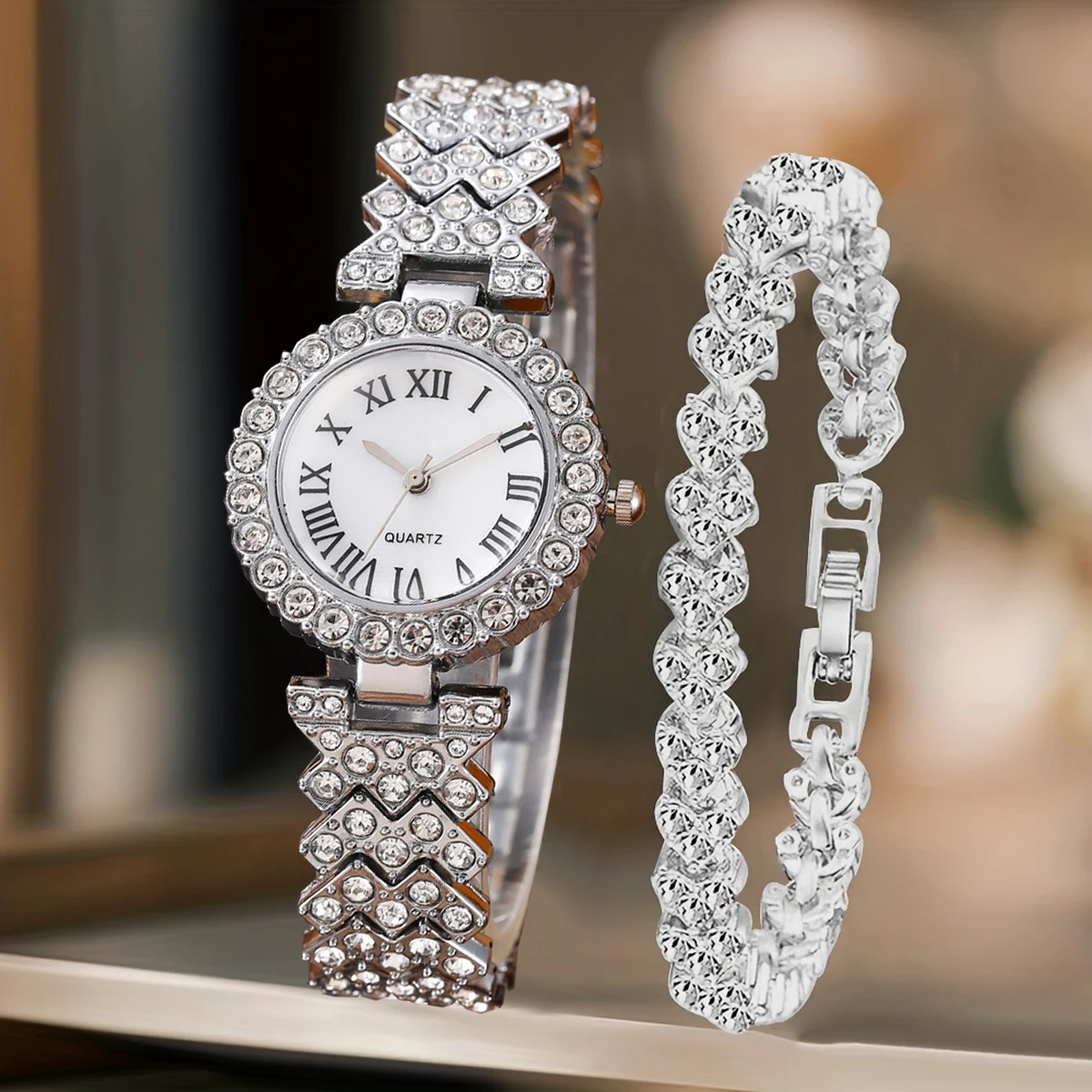 2PCS Fashion Rhinestone Women's Watch Bracelet Set Ladies Quartz Watches Reloj Mujer Girls Clock GiftWithout Box