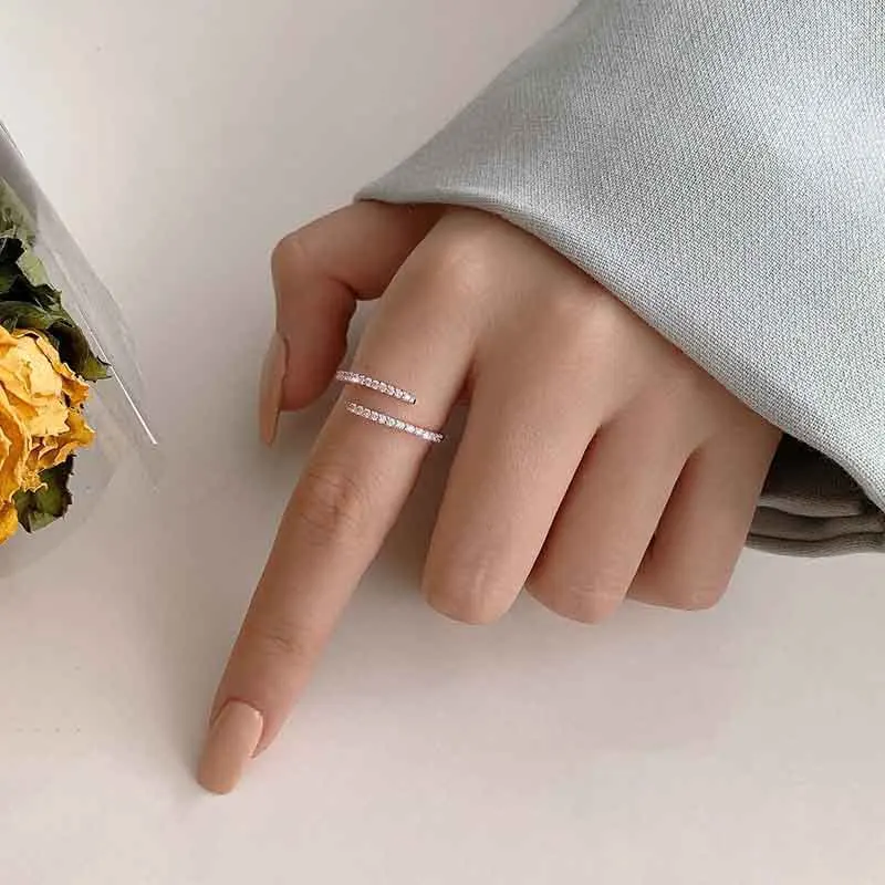 Exquisite Stainless Steel Line Double Layer Couple Opening Rings for Women Men Classic High Quality Gold Color Zircon Jewelry