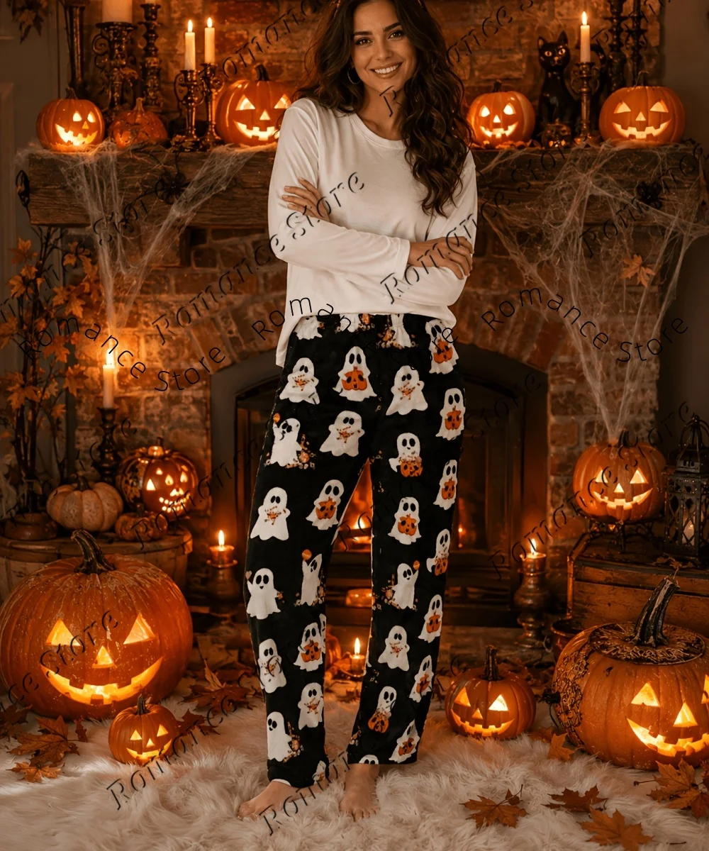 Soft Plush Women Halloween Casual Pants Cute Ghost Pumpkin Pattern Elastic Waist Warm Loose‑fit Home Loungewear Flannel Trousers