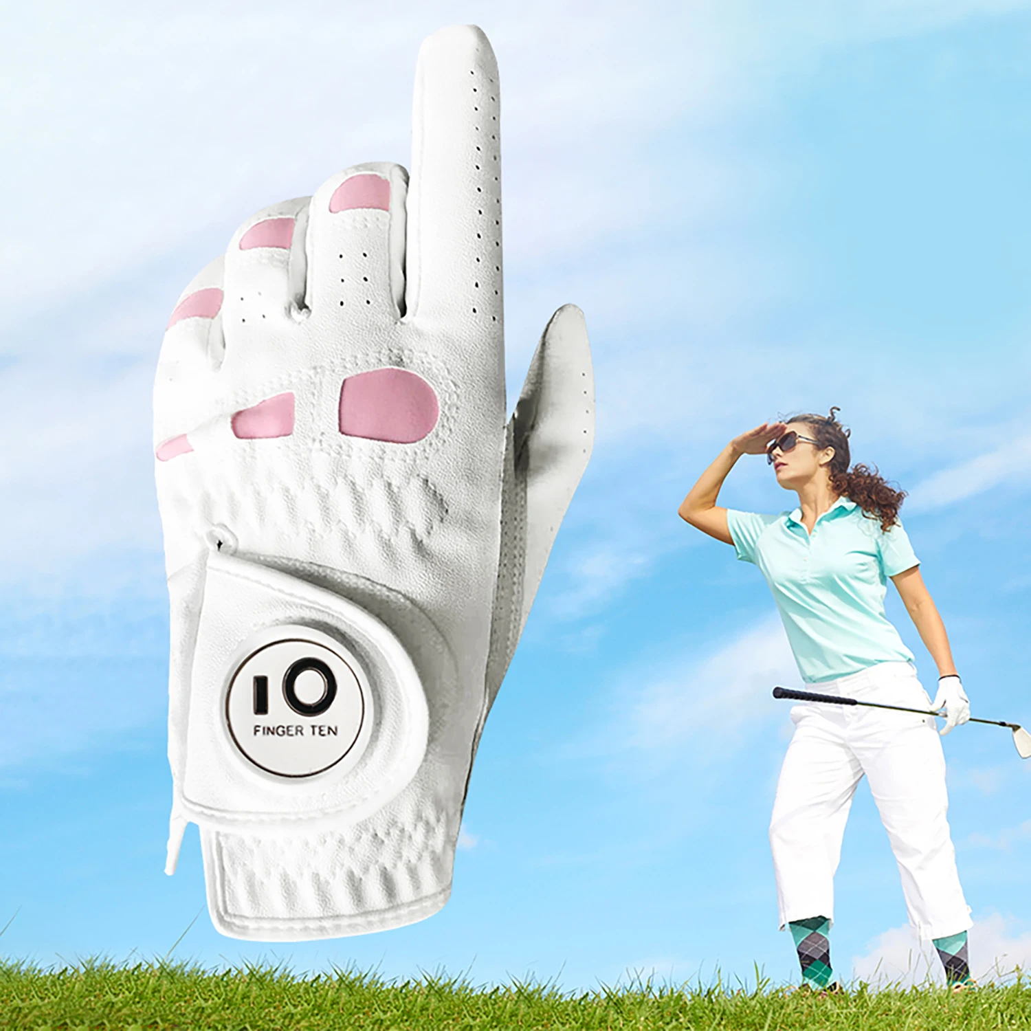 FINGER TEN Women Leather Golf Glove with Ball Marker Extra Grip 1 Pack, Left Right Hand Fit Ladies Girls