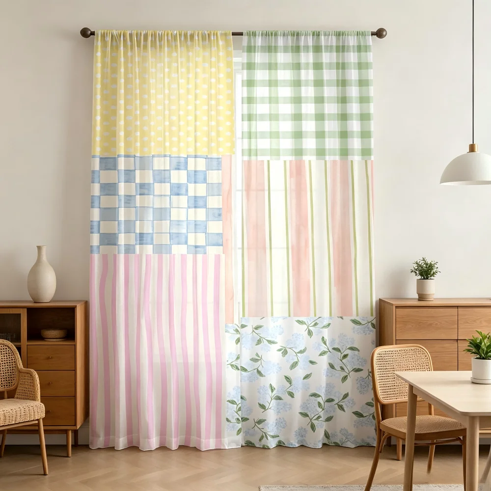 2PCS Digital Print Sheer Curtain, Painted Plaid Check, Colorful Geometric Art - Voile Drapes for Bedroom Living Room Decor