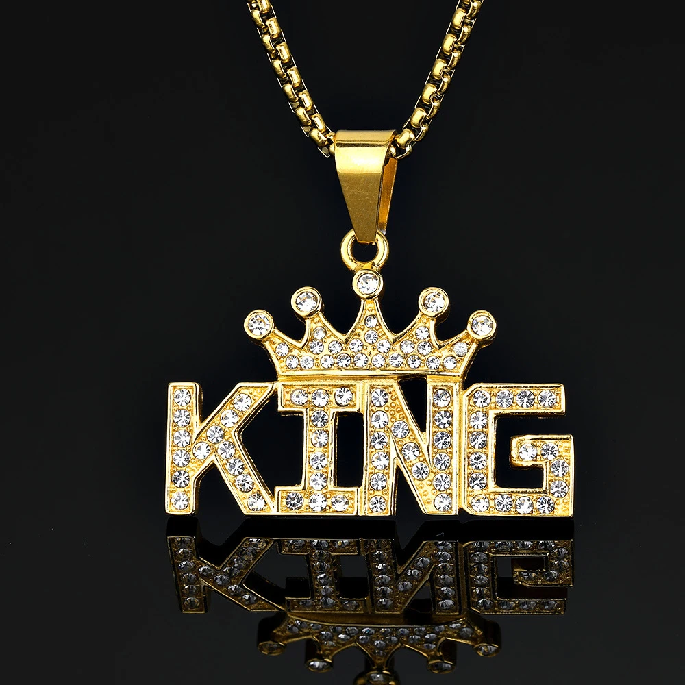 Hip Hop Iced Out Bling Crown KING Pendant Gold Color Stainless Steel Letter Necklace for Women Men Hiphop Rapper Jewelry Gift