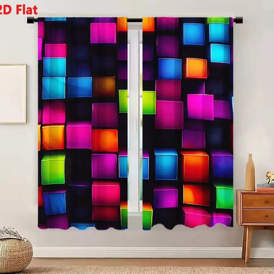 2Pcs Curtains 2D Flat Vibrant Abstract Glowing Cubes Neon Grid Futuristic Cityscape Data Visualization Window Drapes for Bedroom