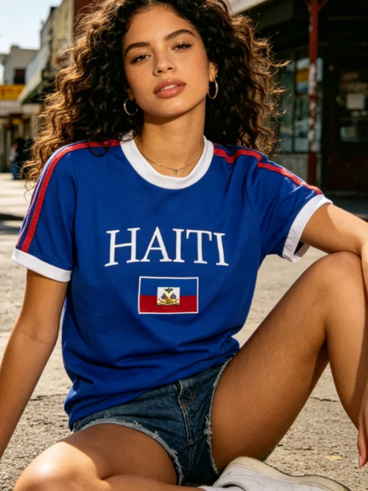 American street print T-shirt for women contrasting border stripe sleeves round neck casual streetwear summer pattern T-shirt ﻿