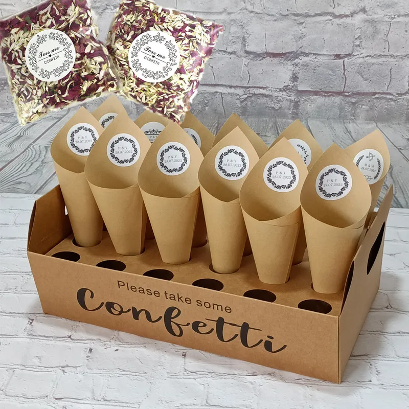 Kraft Paper Wedding Tray Confetti Cone Stand Box ,Sticker Customizable,Tray For Wedding Decoration Biodegradable Rose Petal