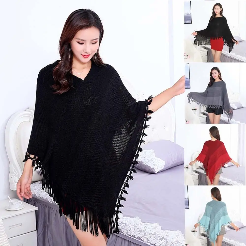 Soft Winter Warm Mongolian Poncho Striped Polyester Pullover Tassel Shawl Ethnic Style Knitted Cape Women Fashion