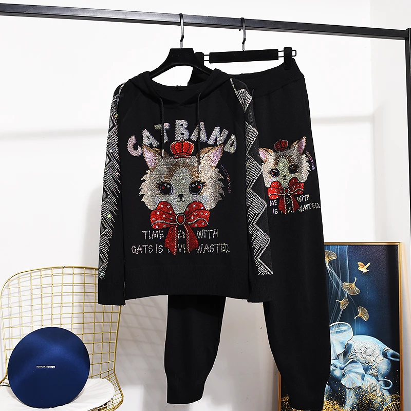 

Cartoon Hot Drilling Women Two-piece Set New Autumn Beading Hooded Pullover Sweater Top + Casual Knitted Sweatpants Female Suits