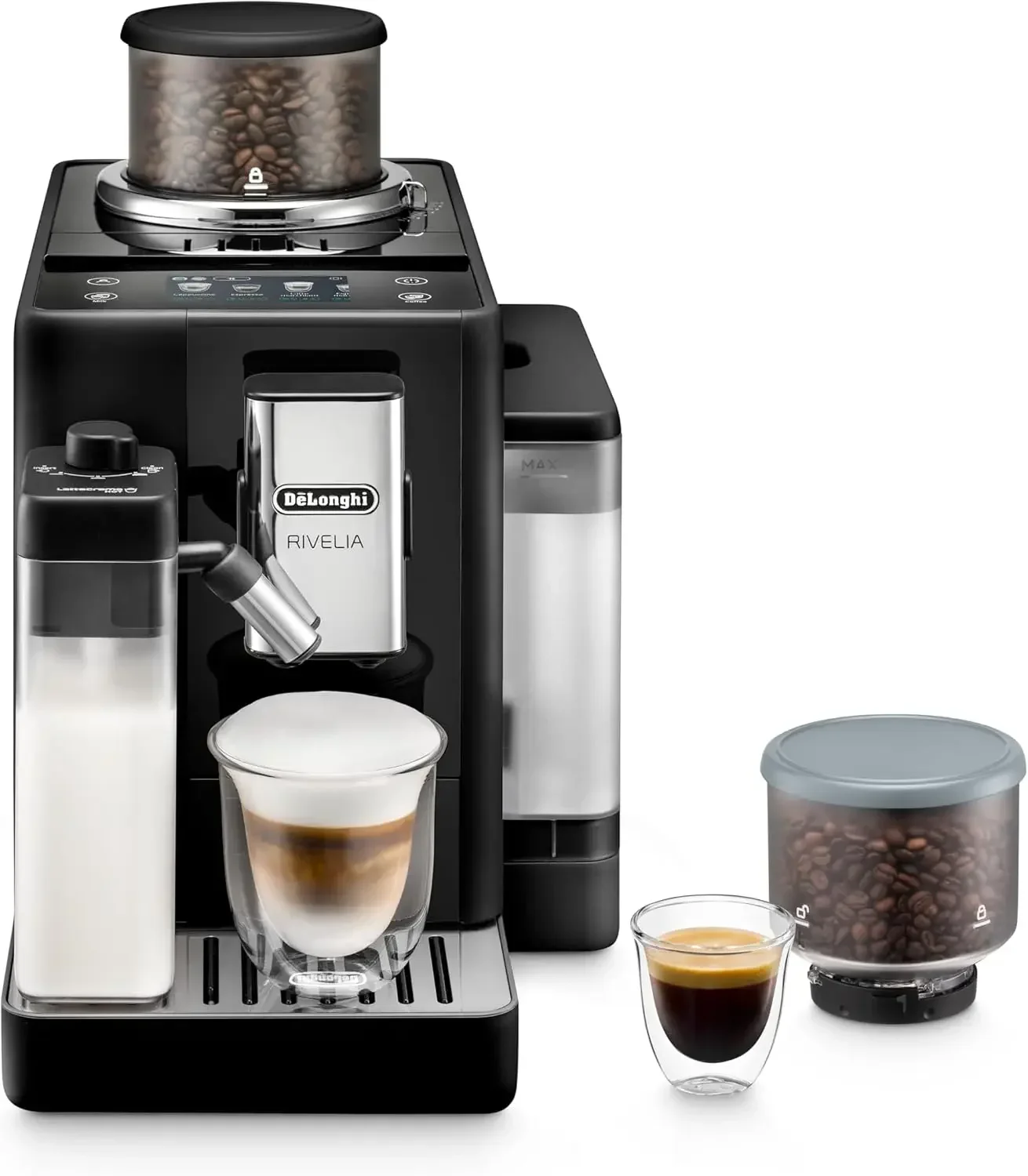 Frother – All-in-One Coffee Maker, Hot & Iced Latte, Cappuccino, Bean Switch System, Burr Grinder, Compact Italian Design, Black
