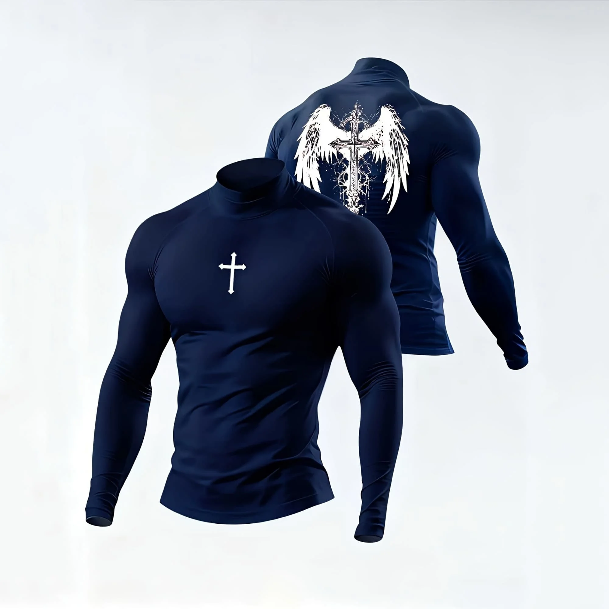 Herren Rollkragen Slim Fit Langarmshirt mit Frontkreuz- und Rückenflügelkreuz-Motiv, Figurbetontes Basic-T-Shirt – Detail 5