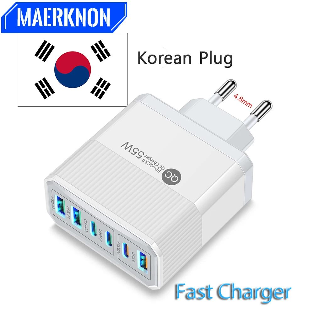 Cargador de carga rápida con enchufe coreano, cargador de pared con 6 puertos USB tipo C para Samsung A23, S23, iPhone 14 pro max, Xiaomi KR, 55W