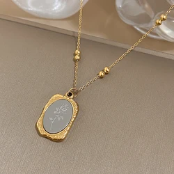 Stainless Steel Vintage Geometric Mirror Rose Flower Pendant Necklace For Women Gold Color Fashion Jewelry