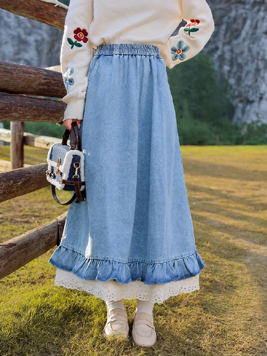 

TIYIHAILEY Long Maxi Women Elastic Waist Spring Autumn Denim Skirt Lady A-Line Lace Patchwork Jeans With Pockets Blue