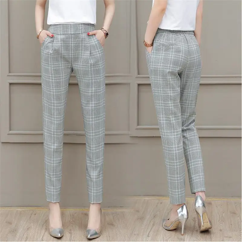 

Women's 2024 Spring Autumn New Korean Thin Elastic High Waist Folds Plaid Pockets Straight Slim Small Feet Casual Harlan Pants