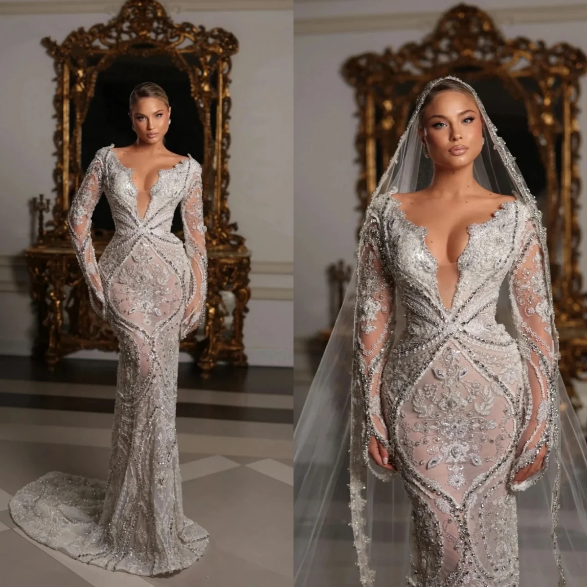 

Gorgeous Wedding Dresses Crystal Appliques Mermaid Bridal Gowns V Neck Long Sleeves See Through Customized Vestidos De Novia
