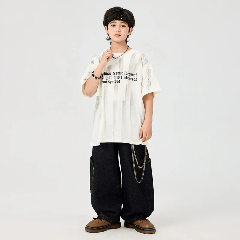 Summer Baggy Street Clothing Kids Hip Hop Dance Tops Black Pants Short Sleeves Poppin Breaking Practice Show Costume BL16086