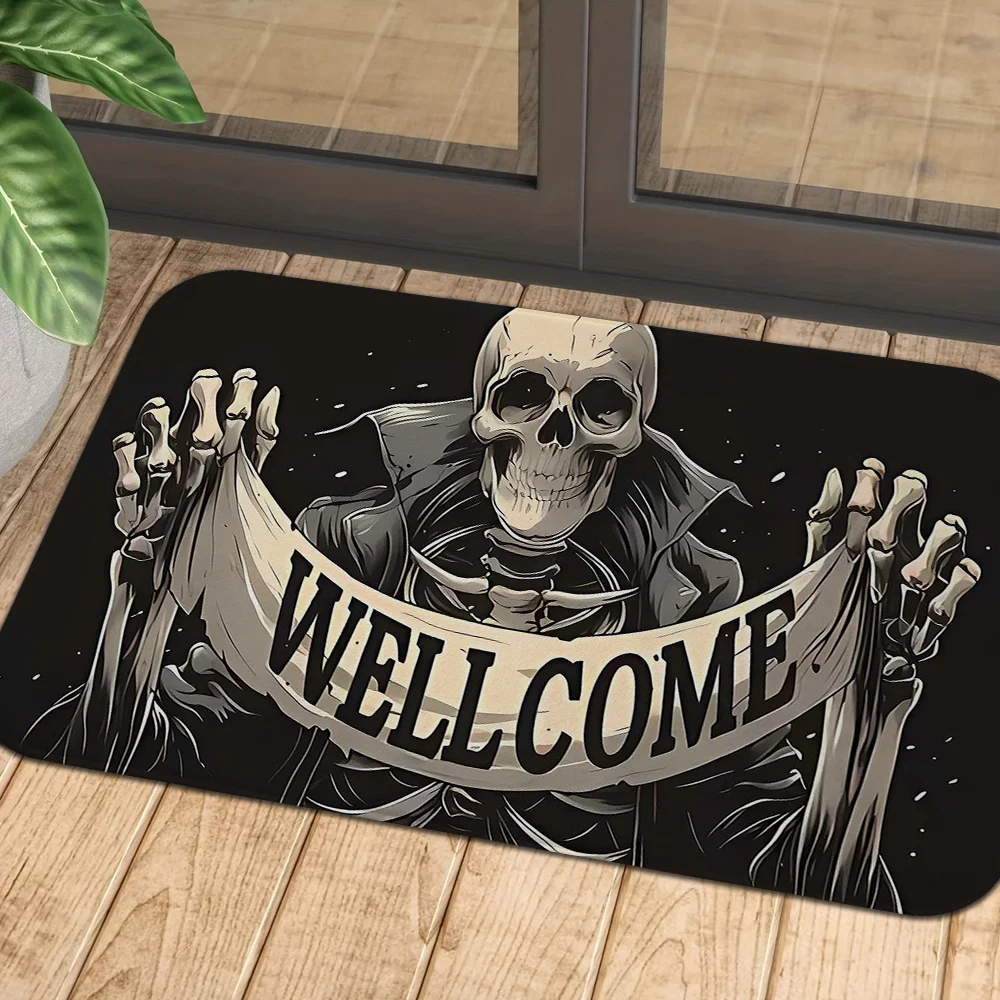 VIKAMA Gothic Skull Welcome Doormat Retro Skeleton Print Non Slip Washable Front Door Rug Indoor Porch Home Gothic Decoration