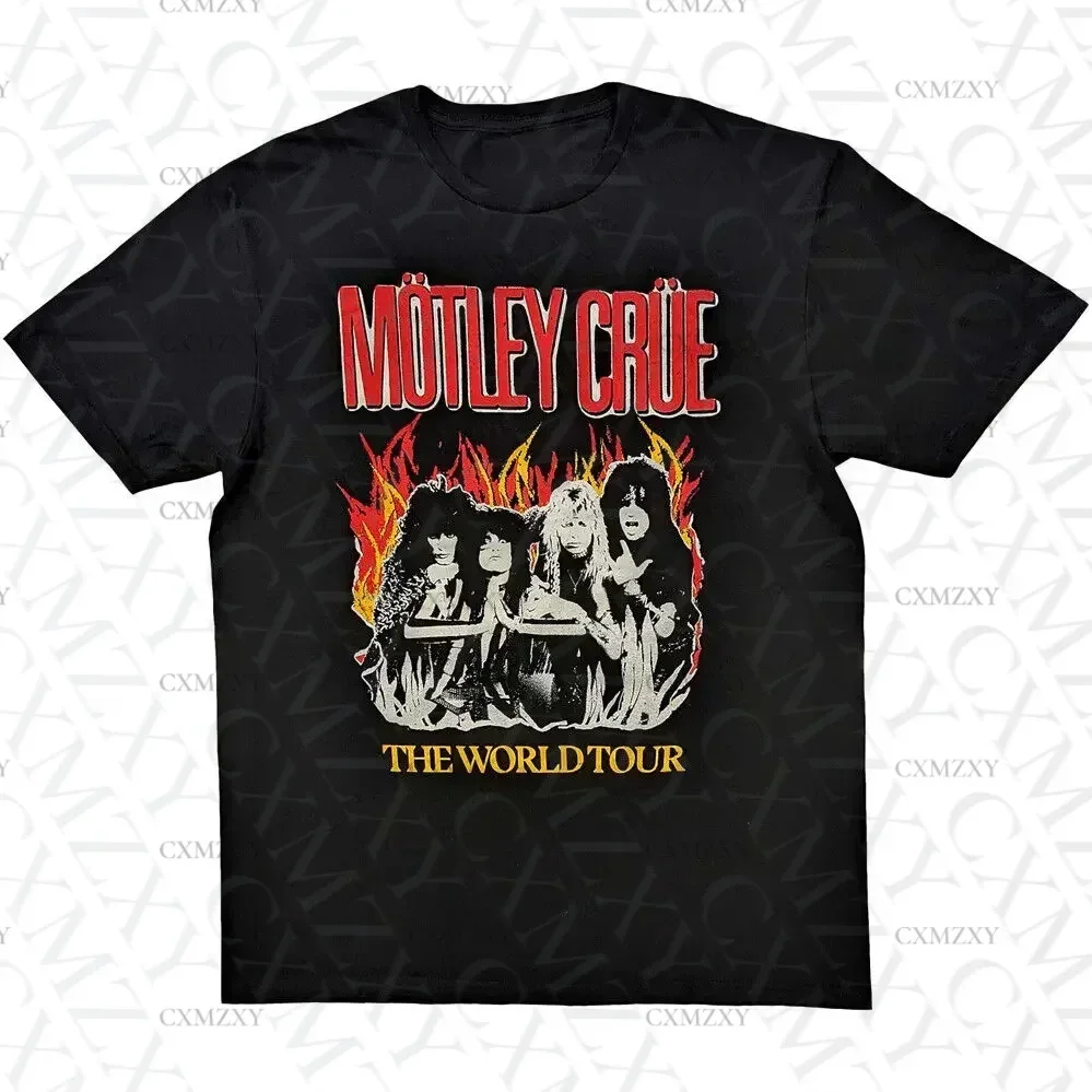 

2025 Fashion Men Motley World Tour Flames Crue T Shirt Casual Oversized Breathable T-shirt Graphic Youth Cloth Streetwear S-3XL
