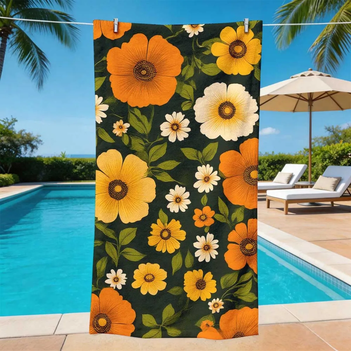 Vintage Orange Yellow Wild Daisy Floral Quick Dry Super Absorbent Large Beach Towel Soft Summer Pool Outdoor Travel Bath Blanket