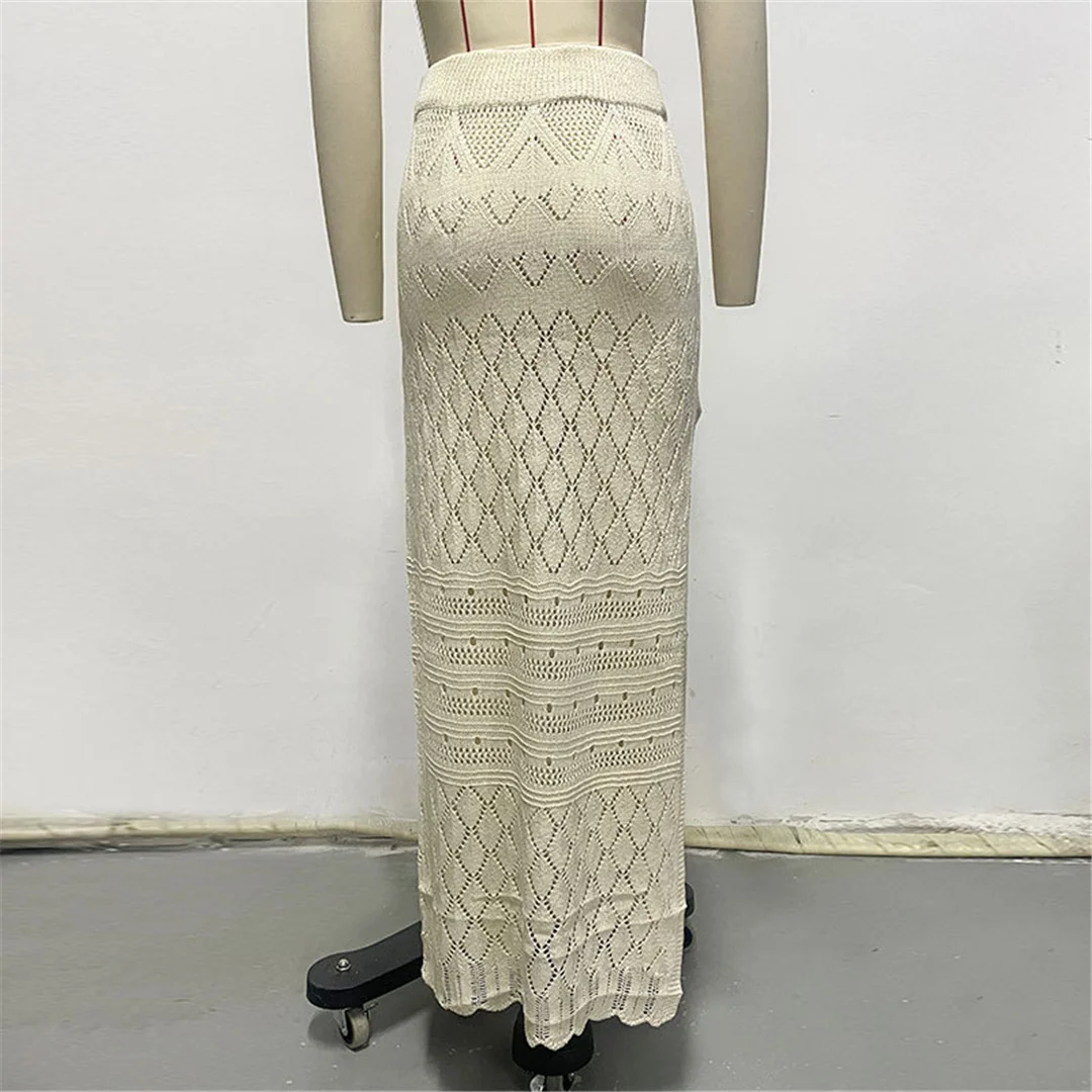 S - XL Ausgeschnittener, hoch geschnittener, gehäkelter Strickrock, Strand-Cover-up, Strandkleid, Strandmode, Damen-Badebekleidung V6810 – Detail 5