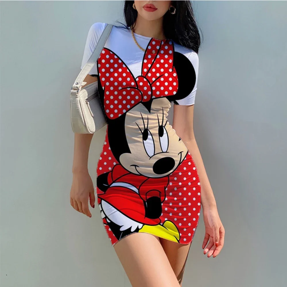 Disney Minnie Mickey Mouse Kurzarm Slim Bodycon sexy Kleid 2024 Sommer Frauen Streetwear Party Festival Kleider Outfits