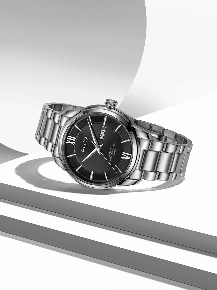 ساعات رجالية ميكانيكية أوتوماتيكية من Fiyta، ساعات عمل مزدوجة التقويم مقاومة للماء من زجاج الياقوت للرجال