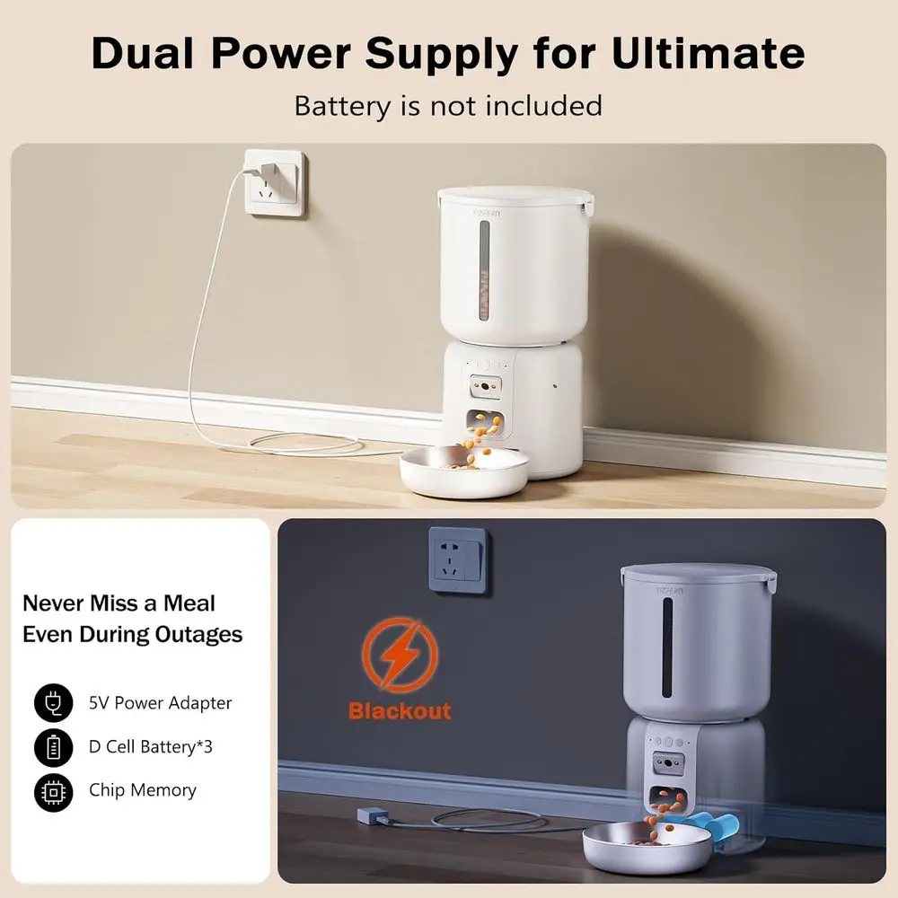 وحدة تغذية الحيوانات الأليفة الأوتوماتيكية الذكية بسعة 4 لتر، طاقة مزدوجة، رؤية ليلية بدقة 2 ميجابكسل، صوت ثنائي الاتجاه للقطط والكلاب الصغيرة، أبيض