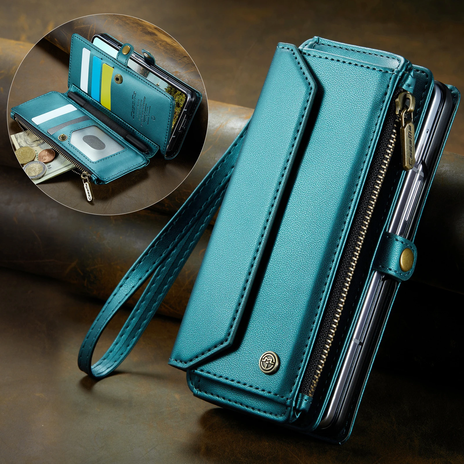 

CaseMe-C36 For Samsung Galaxy Z Fold 7 6 5 4 3 Luxury Zipper Multi Cards w/Pen Slot Magnetic PU Leather Wallet Case Cover +Strap