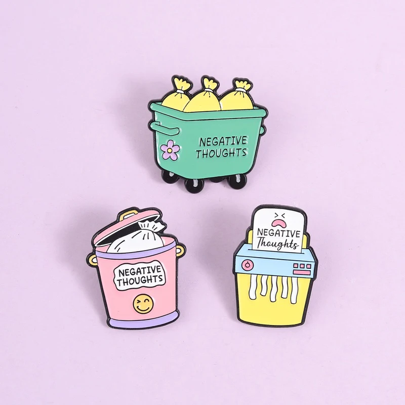 Self Care Enamel Pins Trash Can Brooches, Negative Thoughts Lapel Badges Nice Gift for Mental Health Advocates