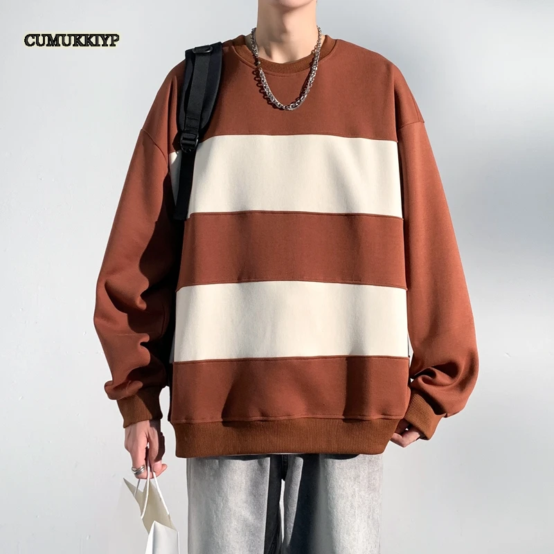 

CUMUKKIYP Stylish Striped Hoodie for Men Autumn Winter Round Neck Long Sleeve Knitted T-shirt Top Sweatshirt