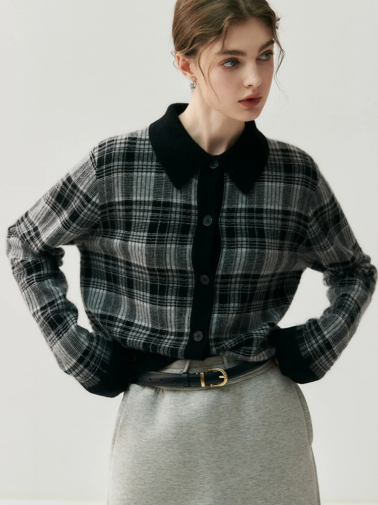 Women's Polo Collar Cardigan 100% Cashmere Sweater Color Blocked Plaid Knitwear Autumn Winter Loose Classic Tops Short Clothing