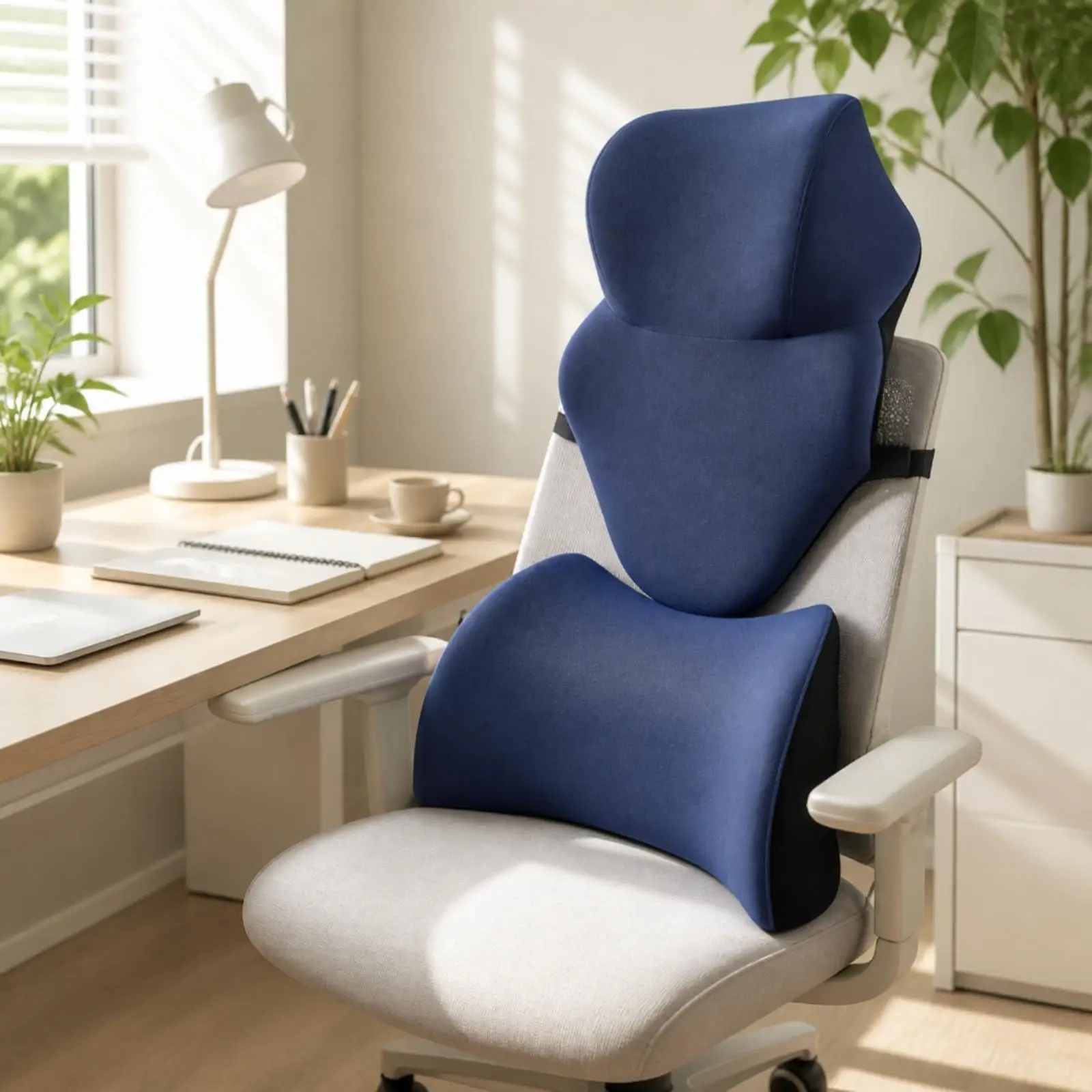 Contoured Neck Travel Pillow for Desk Chair with Straps Supporting Spine Lower Back During Work