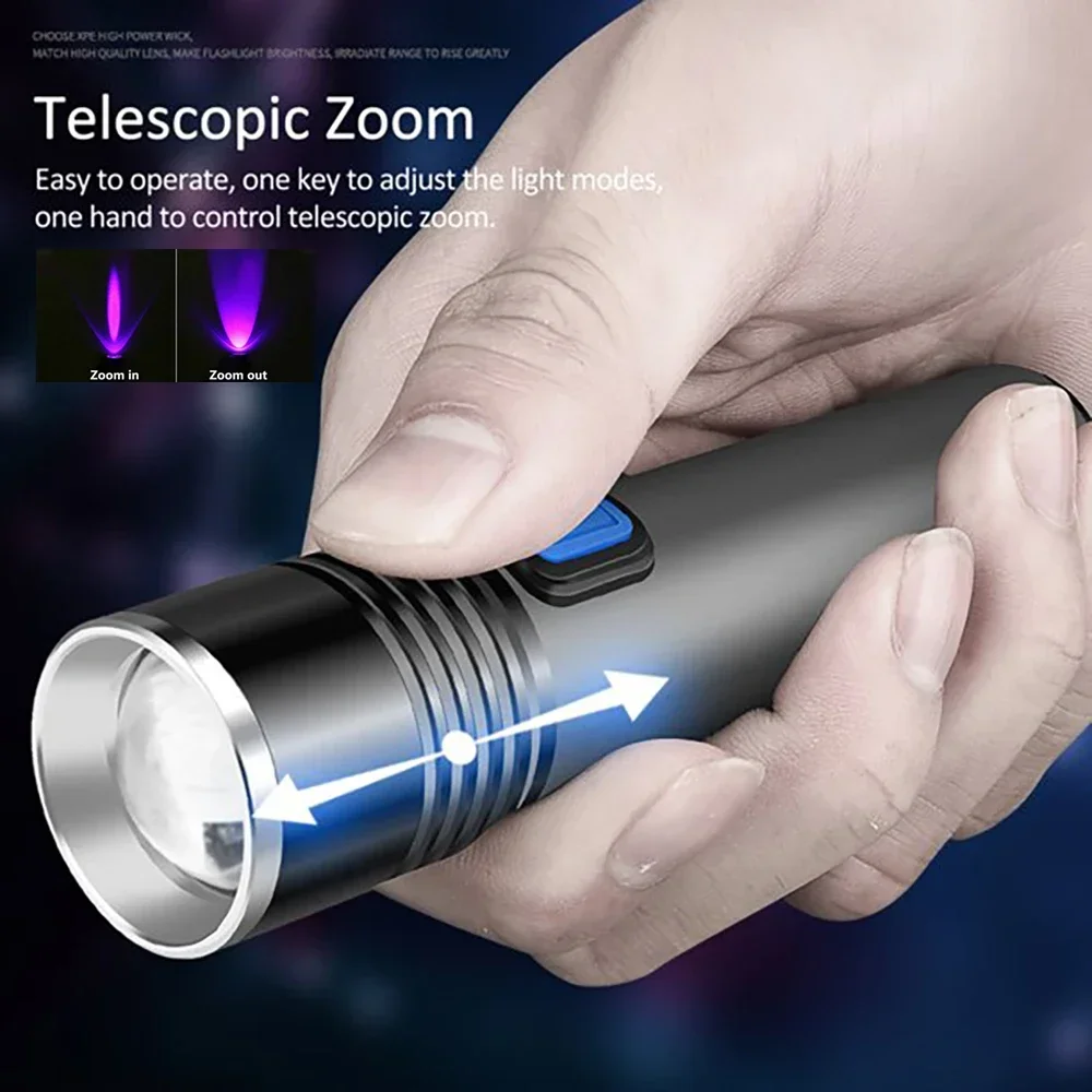 395nm UV-Zaklamp Blacklight Zoombare Usb Oplaadbare UV-Licht Ultraviolet Zaklamp Voor Huisdierurine Detectie Hars Uitharding