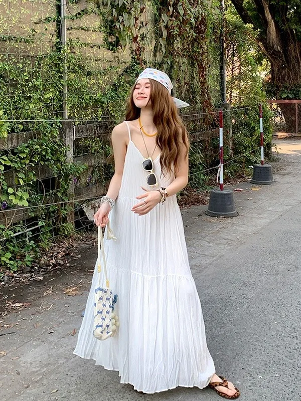 

plus Size Women's Summer New Vacation Style White Strap Dress A-Line Long Skirt High Waist Pressure-sensitive Pleats Korean V...