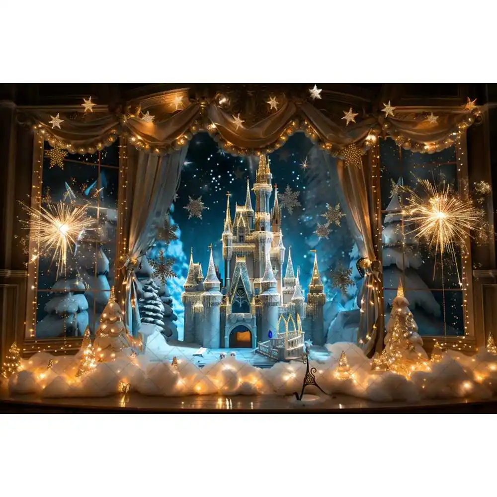 Wesołych Świąt Ice Snow Castle Moon Gift Lights Kid Adult Family Party Backdrop Custom Kids Room Photo Poster Decor Background