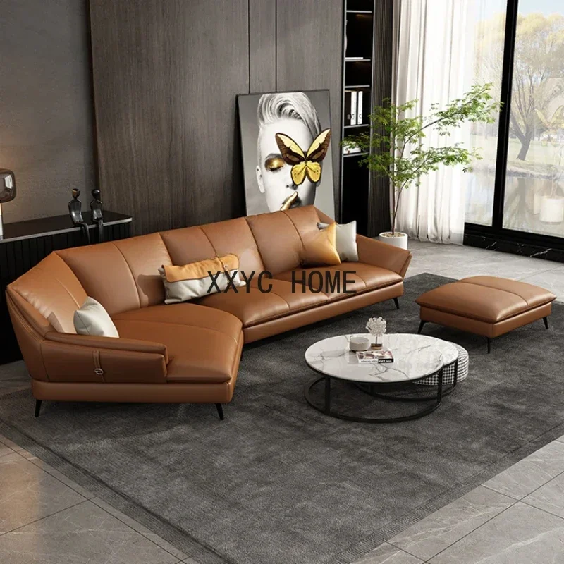 

Light Luxury Minimalist Leather Sofa First Layer Cowhide Corner Living Room Chaise Cowhide Leather Sofa