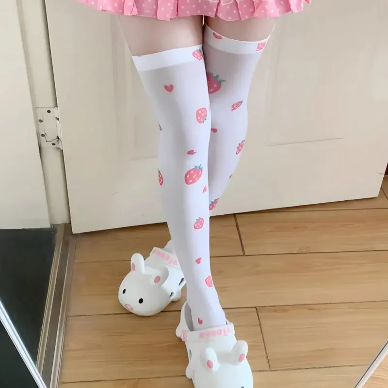 Japanese Anime Halloween Lolita Strawberry Printed Sweet Kawaii Stockings Women Cute Stockings White Tight High Over Knee Socks