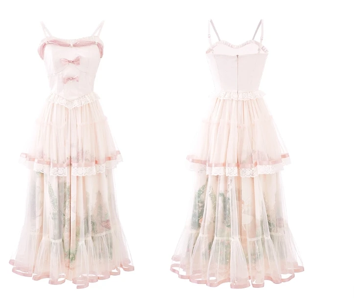 Tamanho grande feminino impressão gaze doce arco slash neck suspender vestido primavera outono cintura alta a linha festa princesa bolo vestidos