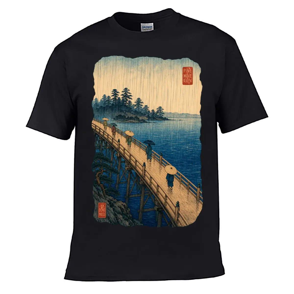T-shirt à manches courtes avec affiche de paysage de pont japonais sous la pluie
