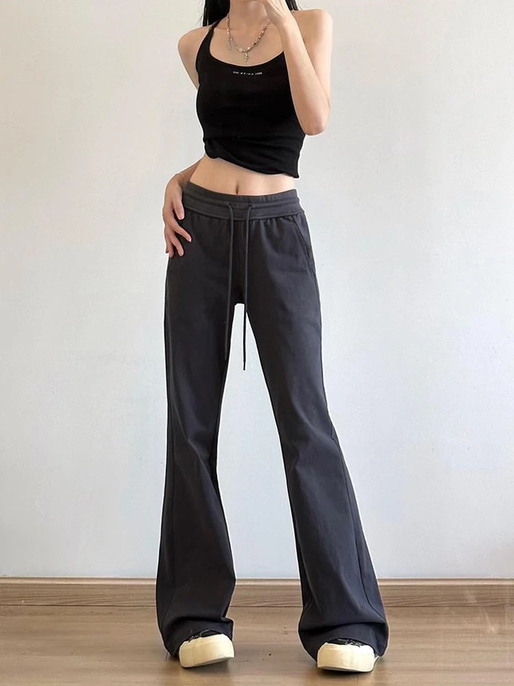 2023 Autumn Winter Sweatpants Women Low-waisted Grey Black Drawstring Flare Pants Streetwear Vintage Trousers