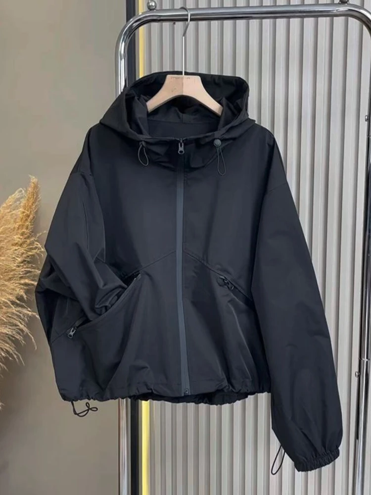 

Jackets Women Hooded Unisex Harajuku High Street Long Sleeve Casual Femme Popular All-match Outwear Solid Mujer Pockets Coats