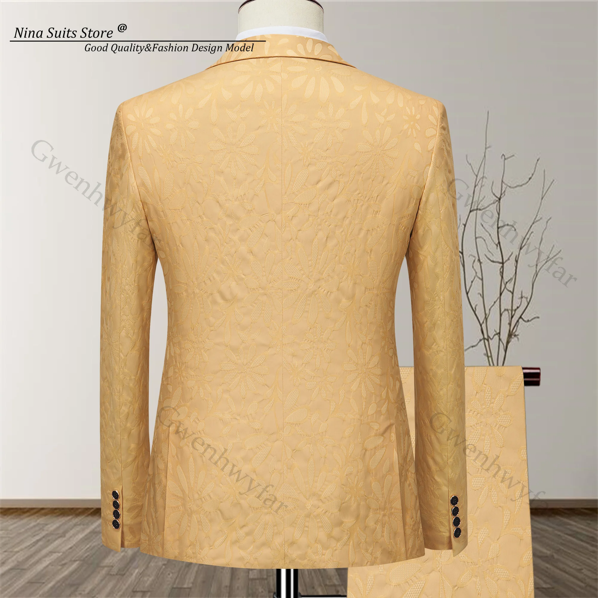 Gwenhwyfar 2025 Yellow Jacquard Suit 2-piece Men's Fashion Party Tuxedo Set Peak Lapel Gold Buckle Jacket and Pants Slim Fit