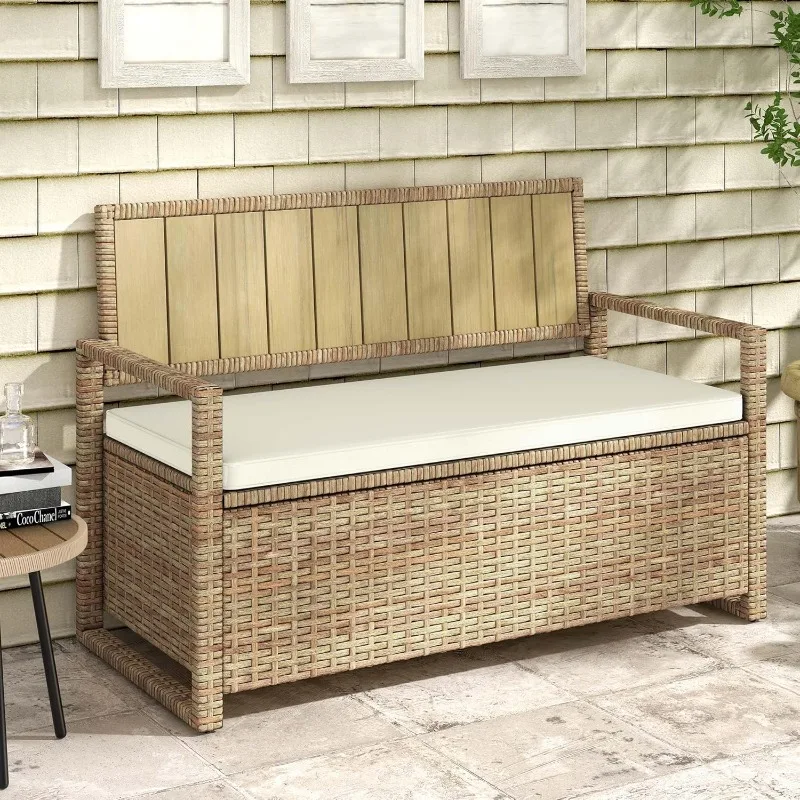 

70 Gallon Outdoor Storage Bench, Weather-Resistant Deck Box Bench, Wicker Storage with Cushion Seating for Patio, Outdoor