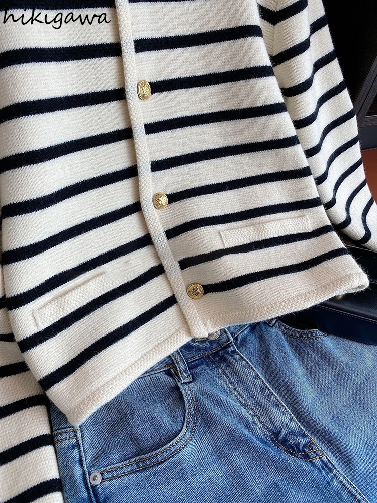 Elegant Cardigan Women 2023 Fall Clothing Fashion Striped Sweater Y2K Tops Long Sleeve Knit Cropped Sweaters Coat Pull Femme