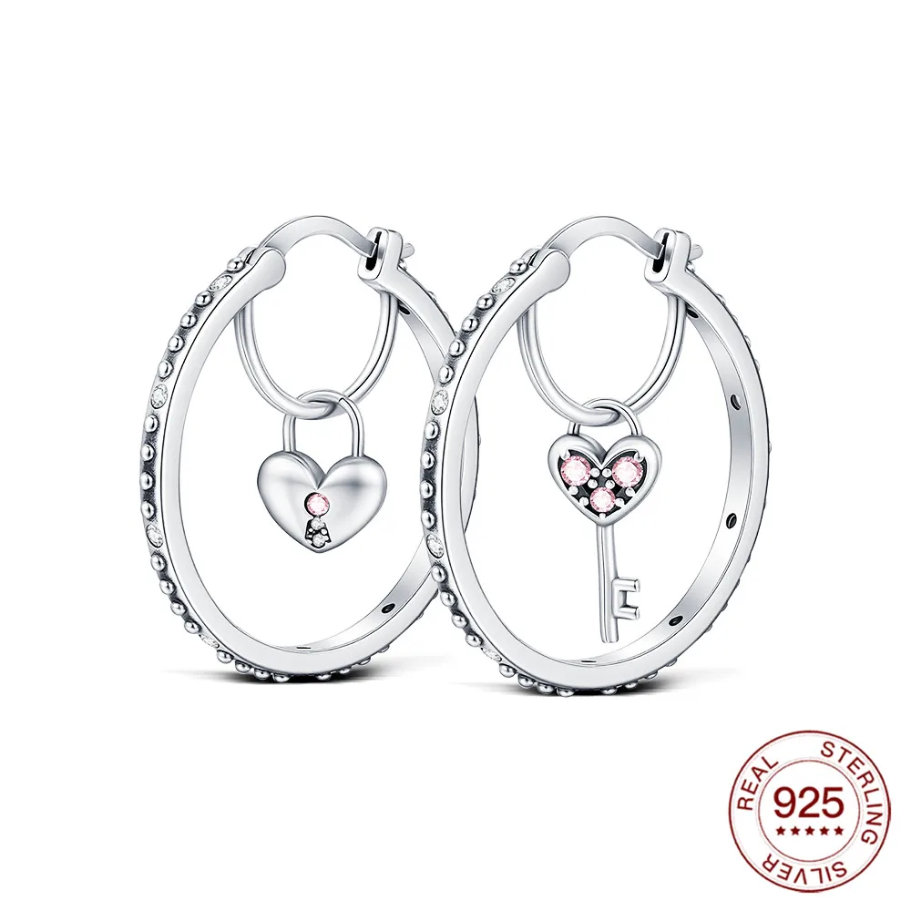 925 Sterling Silver Heart Lock & Key Hoop Earrings Hypoallergenic Love Symbol Earrings Pink Jewelry Romantic Gift For Women