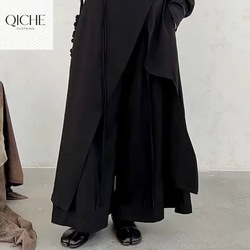 QICHE Unisex Irregular Layered Pants Asymmetric Culottes Black Casual Loose Long Trousers For Spring