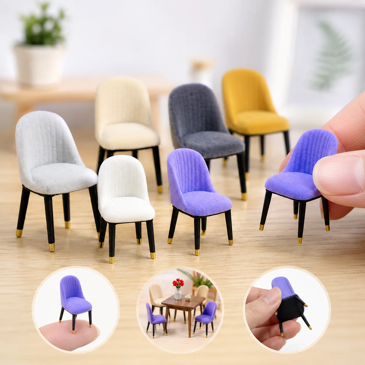 

Mini Chair Model Modern Flocked Dining Chair Model Furniture Home Scene Photography Prop Decor Miniature Dollhouse Decoration