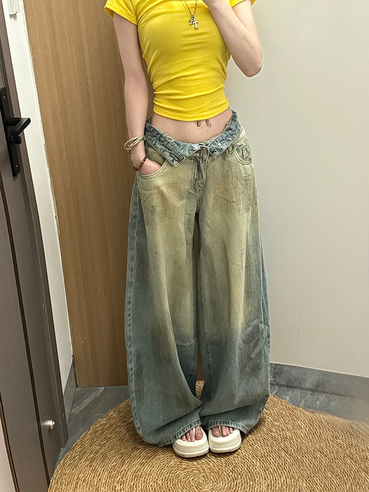 Retro American Style Distressed Denim Jeans Women Summer New Double Waist Flip Floor-Length Pants Natural Waist Pure Color