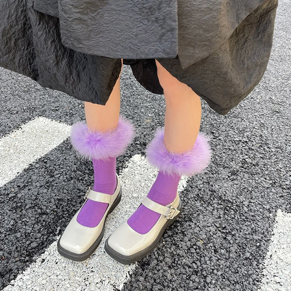Pink Women Fur Socks Jk Lolita Middle Tube Socks Feather Kawaii Japanese Cotton Funny Cute Pile Socks Cosplay Party Accessories