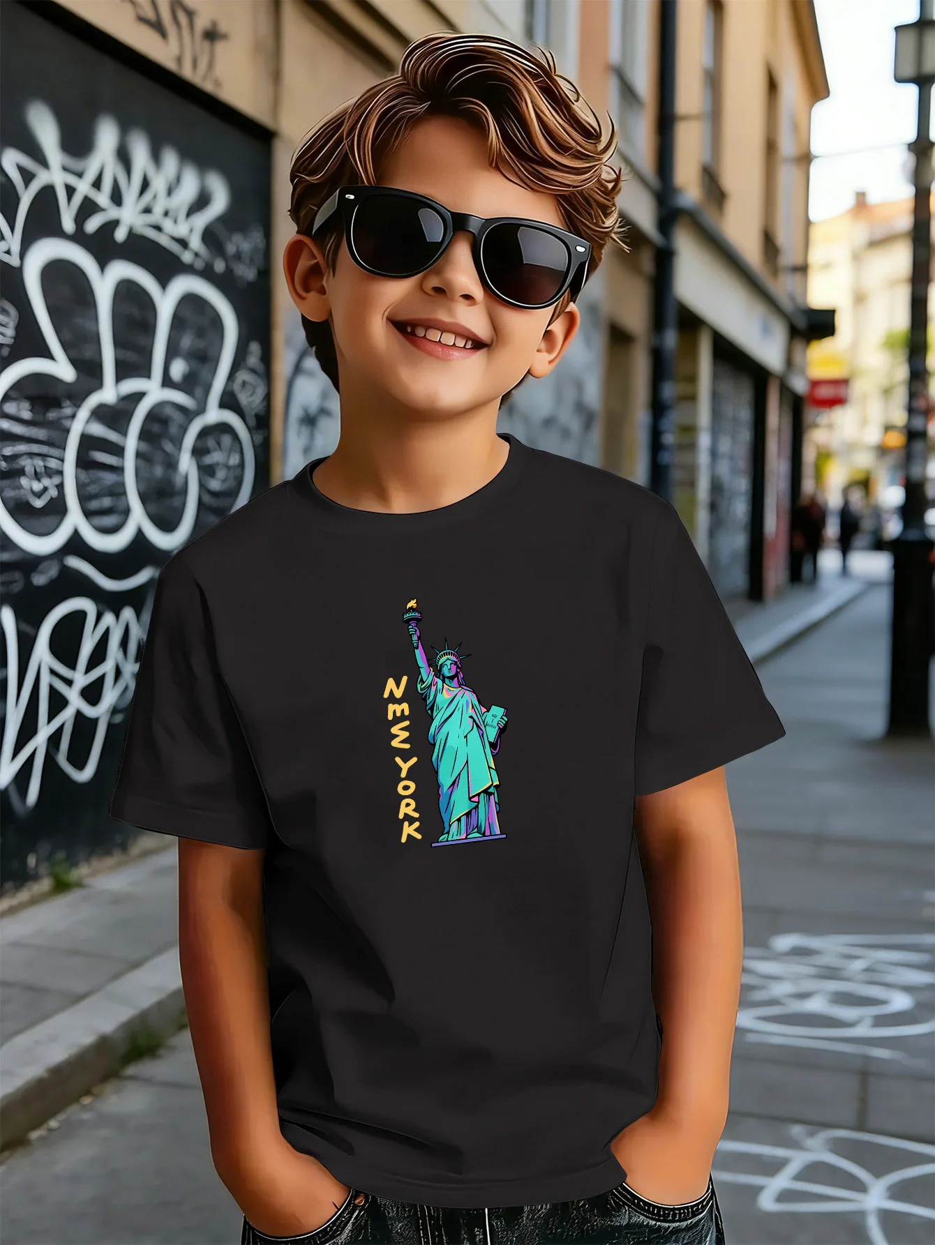 Colorful Statue Of Liberty New York Print Kids T Shirt Boys Girls Short Sleeve Crew Neck Cotton Travel Parent Child Matching Tee